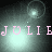 Pixelated text 'JULIE' in pink with heart-shaped letterforms appears over a dark background with light green circular glows.