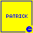 Yellow square with blue border containing 'PATRICK' text and a Pac-Man icon in bottom-right corner, showing animation frames where the Pac-Man mouth changes from open to closed.