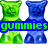 Pixelated gummy bear icons in green and blue pairs with overlaid text, showing two distinct states.
