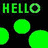Green pixelated text and shapes on black background with 'HELLO GOOD BYE' visible among floating green circles and clovers.