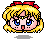 Four pixel-art depictions of a blonde character with blue eyes and red bow, each showing distinct facial expressions against gray background.