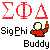 Red Greek symbols Σ, Φ, Δ above black text "SigPhi" and "Buddy" with a pixelated character holding a bottle.