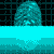 Pixelated cyan shapes shift across a background, with horizontal cyan bars moving through the scene in a repeating pattern