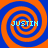 Four identical spiral patterns in orange and blue with the text "JUSTIN" overlaid on each, arranged in a