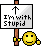 Pixel art buddy icon showing a yellow smiley face holding a sign with text and an arrow, on a gray background.