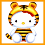 Hello Kitty wearing a tiger-themed headpiece and striped outfit with orange, black, white, and yellow colors.