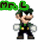 Pixelated Luigi character with green hat and mustache, wearing green shirt and black overalls with yellow buttons, standing against white background.