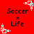 Red background with repeated "Soccer = Life" text and white pixelated corner symbols in a