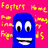 Pixelated cartoon characters with blue and purple rounded heads, large eyes, and wide smiles on a bright pink background with yellow text fragments.