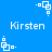 Blue background with white pixelated text 'Kirsten' and four white square-based icons arranged in a pattern