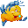 Yellow cartoon fish with blue fins and tail, winking eye, open mouth showing red tongue, surrounded by light blue bubbles in a of