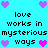 Pixelated cyan background with repeated text and heart symbols in purple and pink hues.
