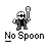 Four-frame animated contact sheet showing a pixelated character holding a spoon-like object with varying motion across frames, each labeled "No Spoon" below.