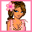 A 4x3 contact sheet of pixel art frames showing a cartoon woman with brown hair, blue eyes, and pink flower in her hair across various poses and partial views, including full-body, legs-only, and text overlays.
