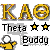 Pixelated graphic with yellow 'KAO' letters, black text 'Theta' and 'Buddy', two yellow-star icons, and a yellow-shirted figure on gray background.