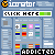Pixelated digital interface with blue-gray background, multiple colored squares in , and black text reading 'ADDICTED' overlaid on the lower portion