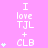 A static image with a pink background displays repeated text "I love TJL + CLB" in white pixelated font, accompanied by light blue star symbols.
