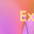 Animated sequence of yellow text fragments on a pink-to-orange gradient background with purple vertical lines.