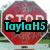Pixelated red circular icon with white 'STOP' text and cyan 'TaylaH5' text on black background, set against blurred green and gray background.
