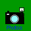 Two pixelated camera icons on green background, each with blue 'Photos' text below; left camera has dark green smudge near flash, right has yellow starburst flash effect.
