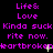 Pixelated text repeats across a black background with pink and yellow elements, showing 'Life: Love' lines above repeated phrases.
