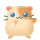 Pixelated cartoon hamster with blue eyes, pink inner ears, and orange paws stands against gray background.