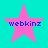 Four pink star-shaped icons with blue text "webkinz" on a cyan background, arranged in a