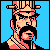 Pixelated 50x50 static icon of a character with dark hair and mustache wearing a striped hat against blue background, rendered in retro video game style with limited color palette.