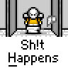Animated contact sheet of a pixel art character in a gray room with vertical bars, repeatedly saying "Shit Happens" below each frame.