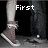 Pixelated animation of two figures' lower legs and feet in motion, with text 'First' and 'Kiss' displayed above each figure.