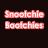 Pixelated image with red text 'Snoochie Bootchies' on dark background and a person in black clothing making hand gesture.
