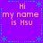 Pixelated purple background with cyan decorative borders and repeated pink text reading "Hi my name is Hsu" in four quadrants.