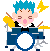 Pixel art contact sheet of a cartoon drummer with blue spiky hair playing drums, showing two animation frames side-by-side on gray background.
