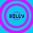 Four identical circular icons with concentric pink rings on a cyan background, each containing the text "BILLY" in black pixelated font.