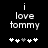 Black background with white pixelated text 'i love tommy' and five heart symbols below, where the third heart changes from gray to white between frames.