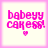 Four identical pixelated display pink text 'babeyy cakess!' with a small heart below, set against a light background with a pink border