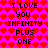 Pixelated text on a heart-patterned background with repeated phrases and color variations.