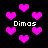 Pixelated pink hearts float against a black background with the text 'Dimas' in white pixel font at four positions.