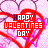 Red heart outline with 'HAPPY VALENTINES DAY' text in red and purple pixelated font over pink background with white hearts.