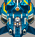 Pixel art of a blue and yellow spaceship with orange accents, featuring symmetrical wings and central cockpit against gray background.