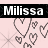 A 48x48 pixel animated buddy icon featuring the name "Milissa" in white text on a black banner above a pink background with gray heart outlines and starburst patterns, displayed as two sequential frames showing slight animation differences.