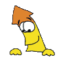 Animated yellow cartoon character with orange head fin, white eyes with black pupils, and small hands in various poses against gray background.