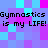 Pixelated text repeats 'Gymnastics is my LIFE!' across a of cyan and magenta squares