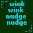 Pixelated teal text on dark green background with star and dot accents, displaying 'wink' above 'nudge' in two