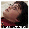A four- shows a person in red clothing with dark hair and glasses, lying on a light surface. Text at the bottom reads 'OH YES.'MORE' PLEASE'