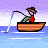 Pixelated animation of a person in a boat fishing, showing two sequential poses with the fishing rod bent and water splashing.