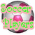 A soccer ball icon with pink and white , featuring green text overlays reading "Soccer Players" on the left and "Kick" on the right