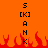 Pixelated orange background with red flames at the bottom, displaying vertical text 'S [K] A N K' on both sides.