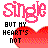 A 48x48 pixel animated buddy icon featuring the text "Single" in pink pixelated letters above a red heart shape, with the phrase "BUT MY HEART'S NOT" below it; the word "NOT" changes color from black to blue between two frames.