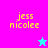 Pixelated text 'jess nicolee' in yellow on four colored quadrants with two star icons, one cyan and one magenta.